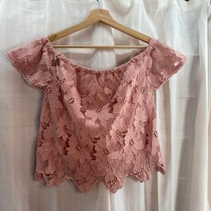 Kendall Kylie Pink Lace Off Shoulder Button Back Crop Top Women's S Crochet Boho